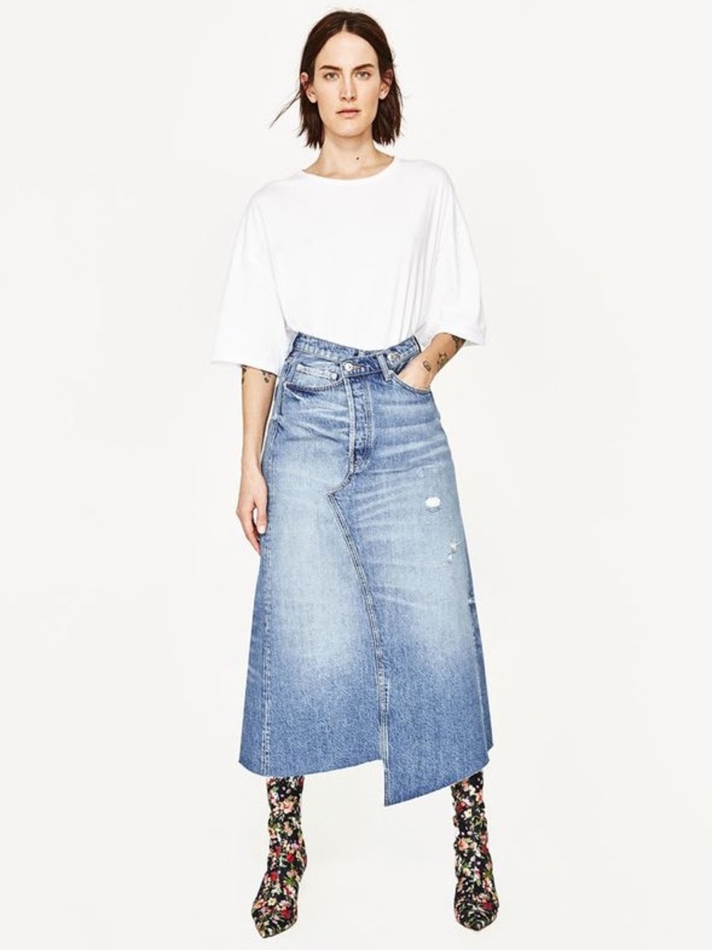 We The Free Asymmetrical Jean Skirt Free People Denim Midi Distressed Size 2